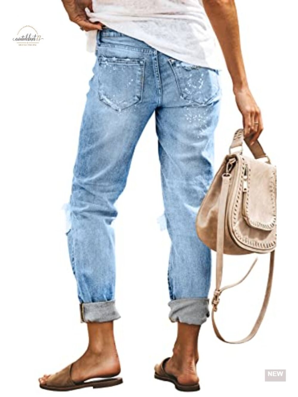 Ripped Mid Waisted Boyfriend Jeans Loose Fit Distressed Stretchy Denim Pants - Picture 6 of 6